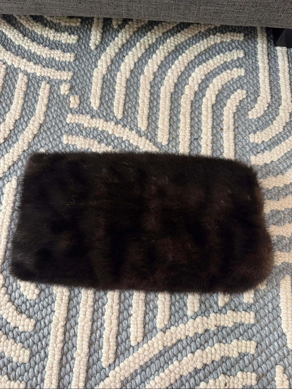 Vintage Real Fur Hand Muff Brown Satin Embroidered Old Hollywood